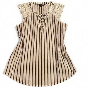 Express Black and Cream Striped Lace-Up Blouse